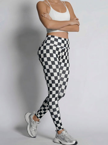 High-Waisted Checkered Yoga Pants-Black