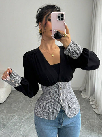 Plaid Corset Waist Button Down Shirt