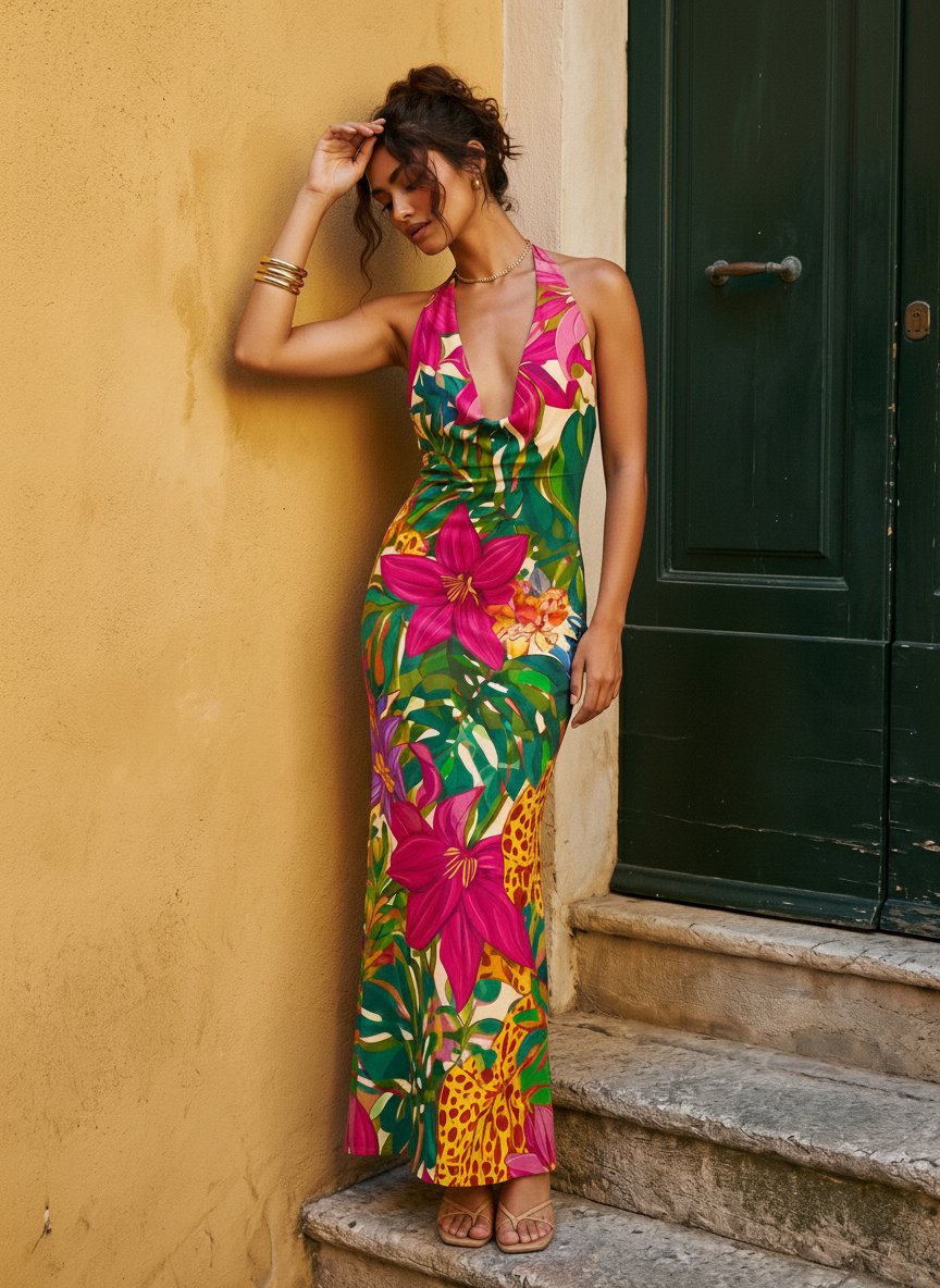 Floral Print Cowl Neck Bodycon Maxi Dress