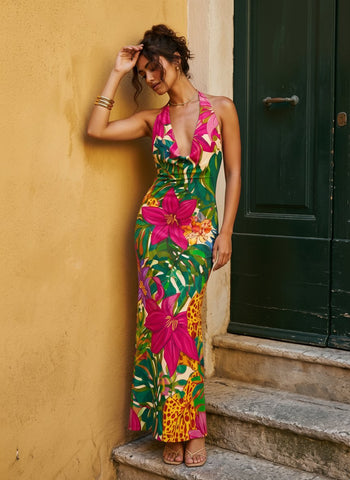 Floral Print Cowl Neck Bodycon Maxi Dress