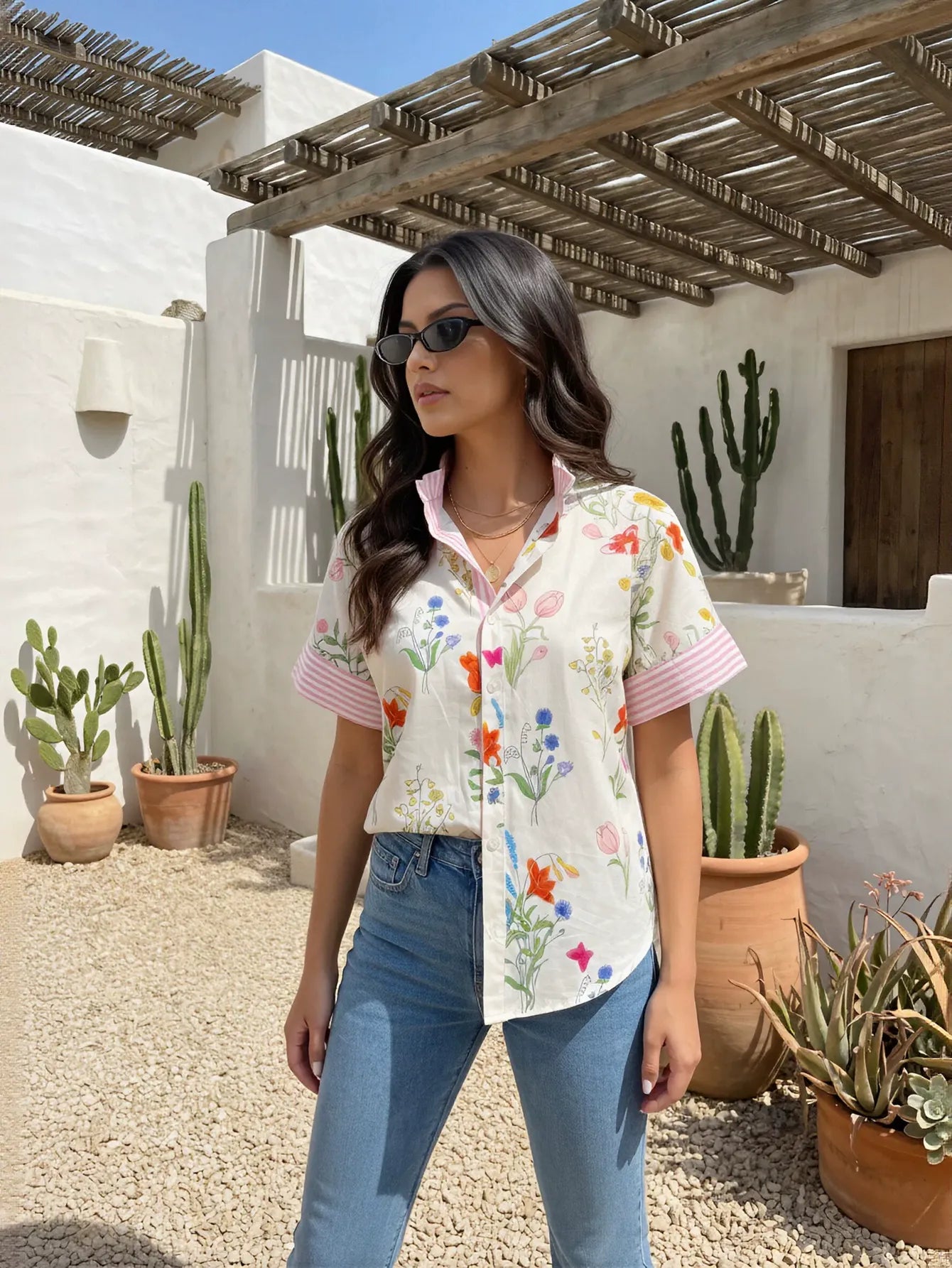 Floral Striped Short Sleeve Button Shirt