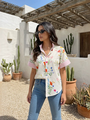 Floral Striped Short Sleeve Button Shirt