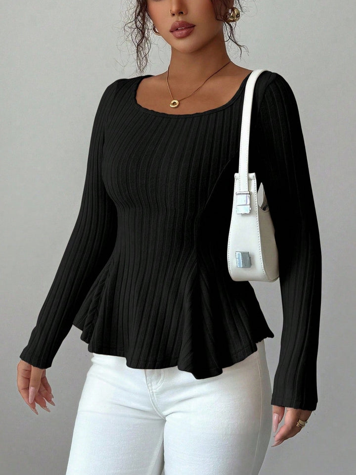 Ribbed Peplum Fitted Long Sleeve Top