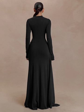 Elegant Ruched Mock Neck Maxi Dress