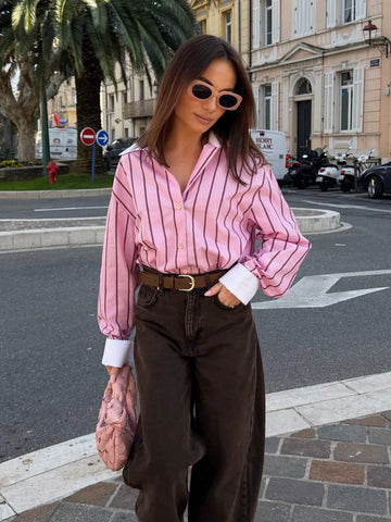 Oversized Striped Contrast Collar Button Down Shirt