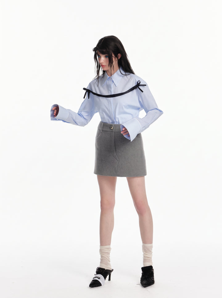 Bow Detail Striped Button Down Shirt