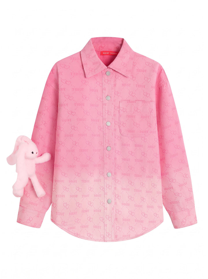 Cute Pink Heart Print Button Shirt