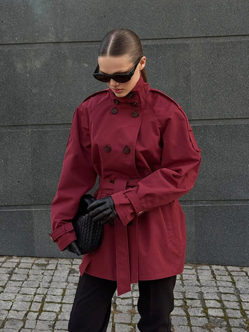 Cropped Double Breasted Belted Trench Coat