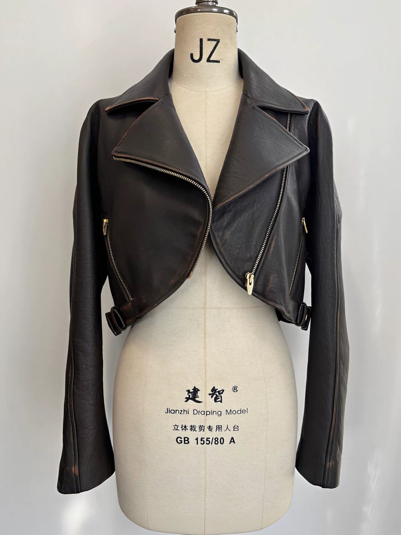Distressed Cropped Faux Leather Moto Jacket