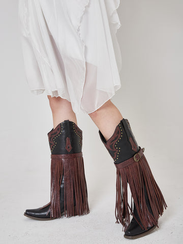 Fringed Denim Pointed Toe Western Cowboy Boots