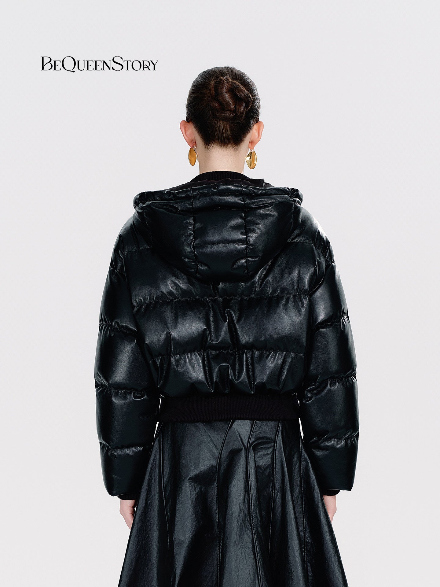 Cropped Faux Leather Puffer Jacket