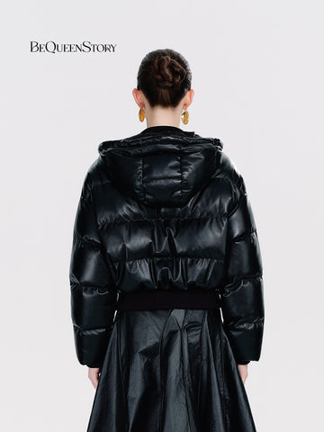 Cropped Faux Leather Puffer Jacket