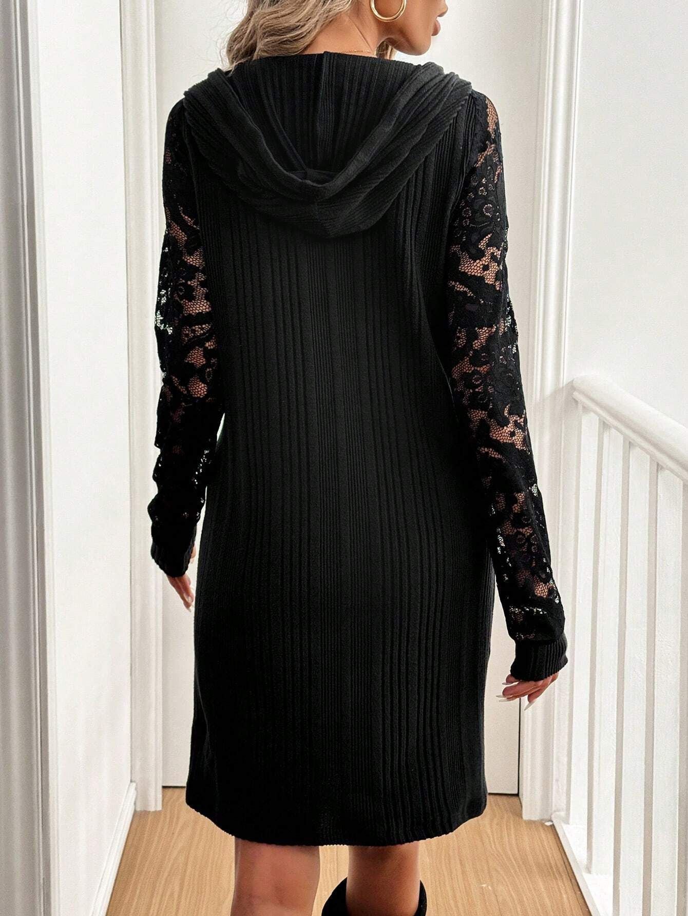 Lace Sleeve Ribbed Hoodie Dress