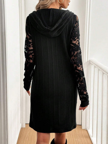 Lace Sleeve Ribbed Hoodie Dress