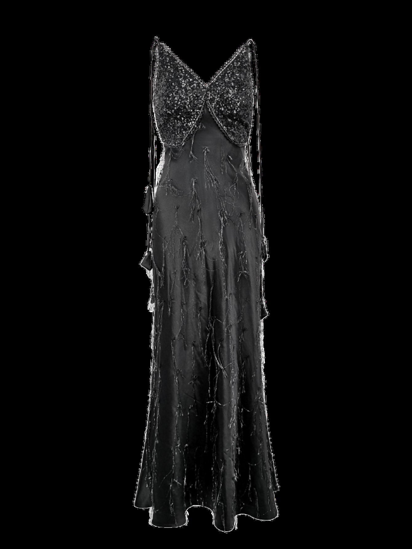 Embellished Satin V Neck Maxi Dress