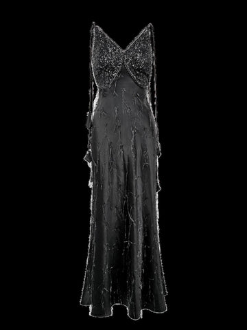 Embellished Satin V Neck Maxi Dress