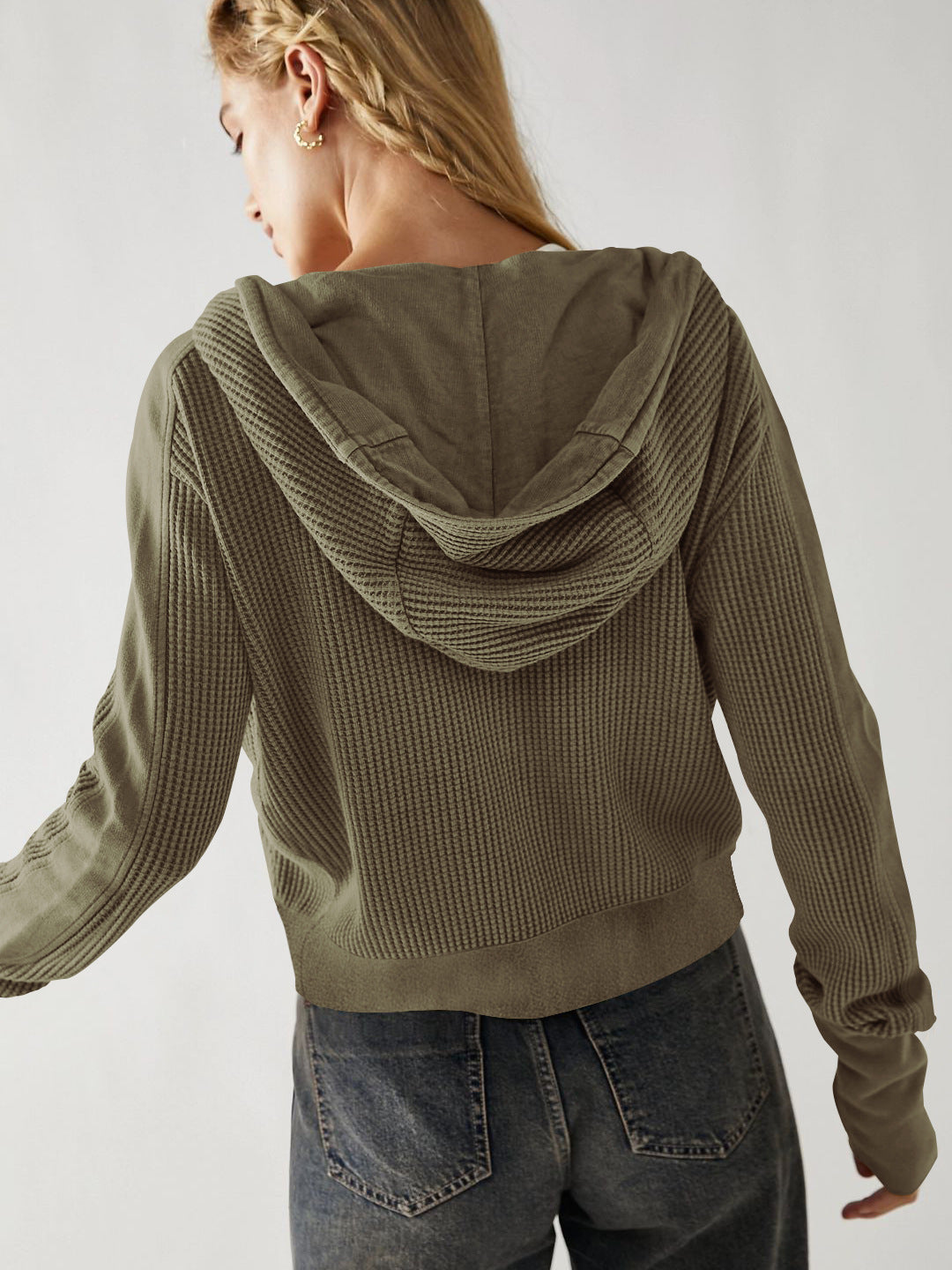 Waffle Knit Snap Up Hoodie Jacket