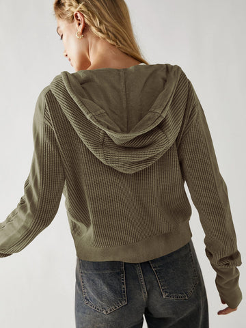Waffle Knit Snap Up Hoodie Jacket