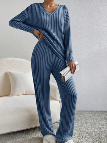 Cozy Ribbed V Neck Lounge Set