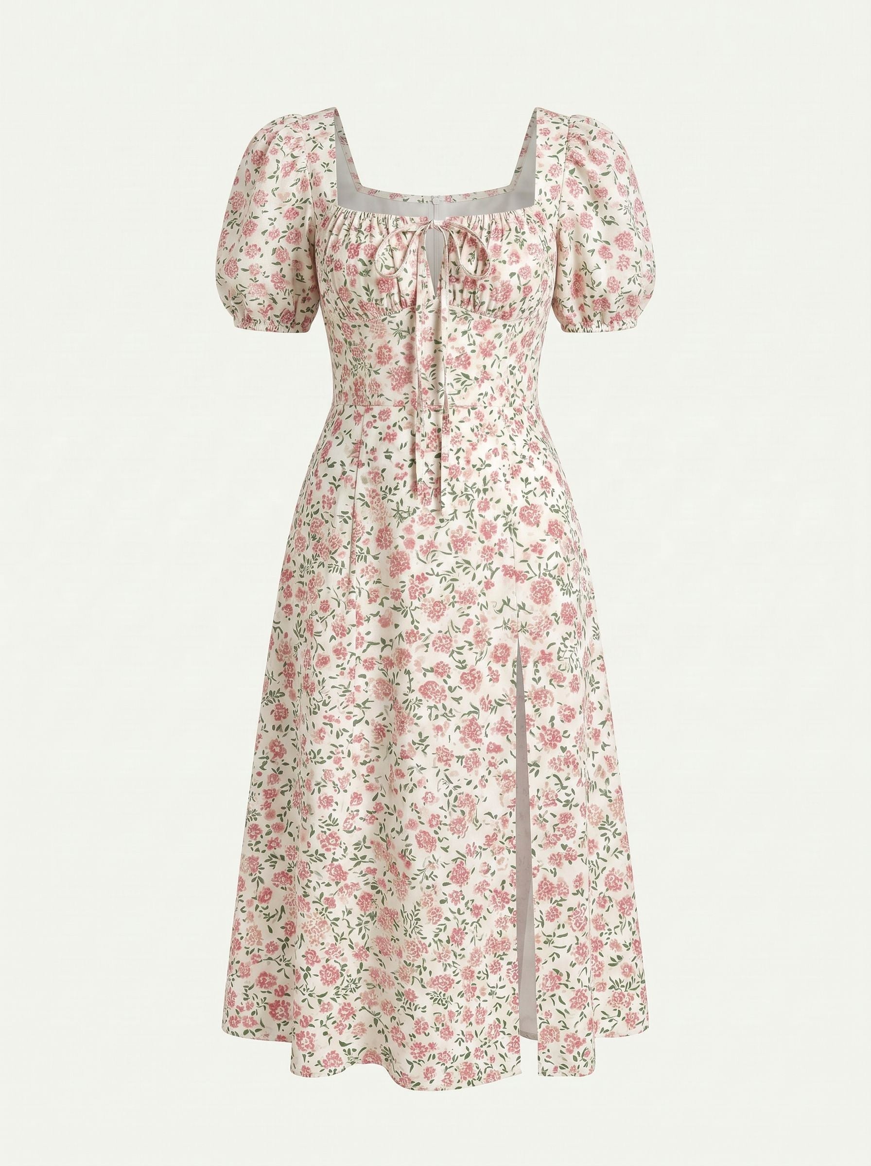 Floral Print Puff Sleeve Tie MidiDress
