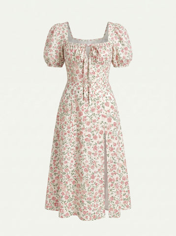 Floral Print Puff Sleeve Tie MidiDress