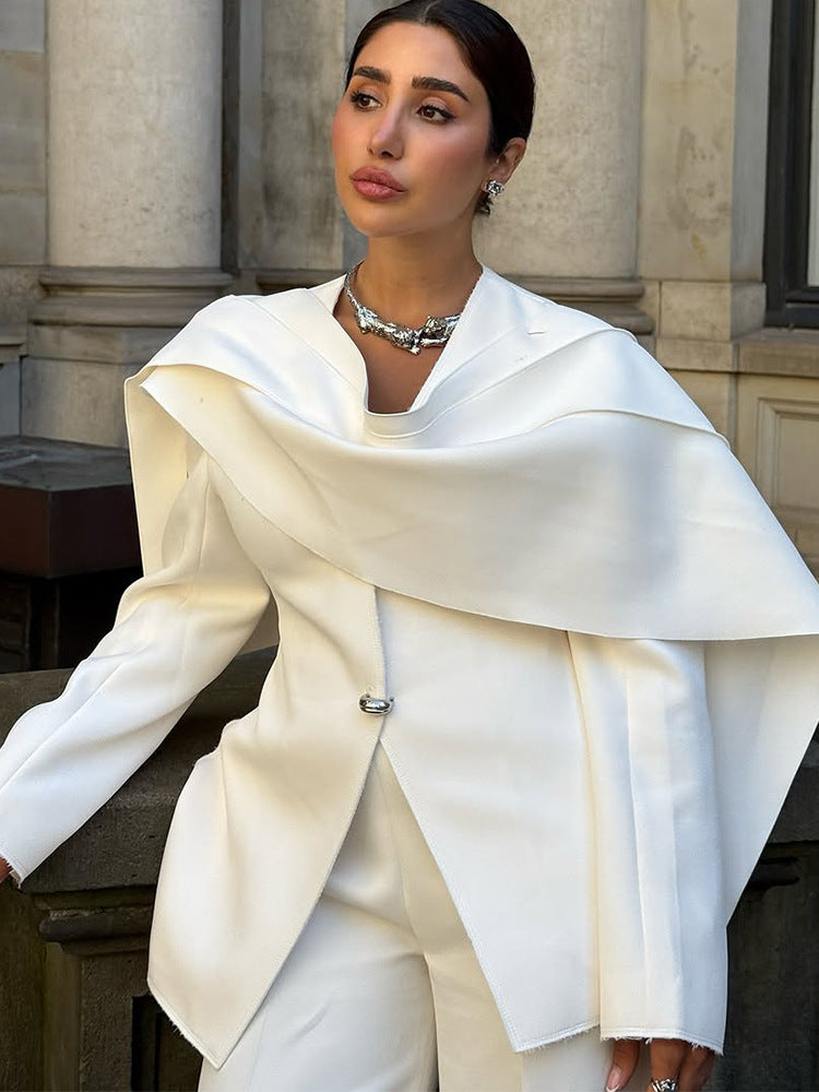 Elegant Draped Blazer Wide Leg Pantsuit