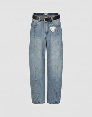Urban Revivo Belted Barrel Leg Jeans-Blue