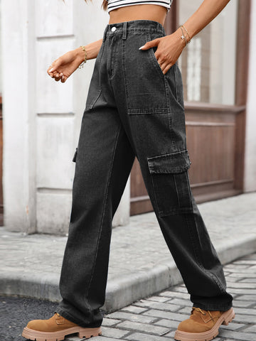 High Waisted Black Cargo Jeans
