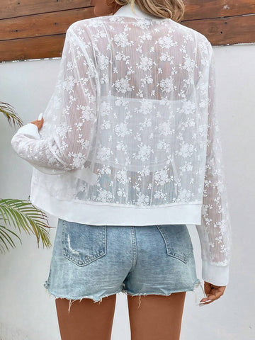 Sheer Floral Lace Zip Up Bomber Jacket
