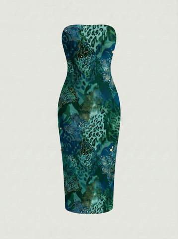 MAIA Floral Print Strapless Sheath Midi Dress