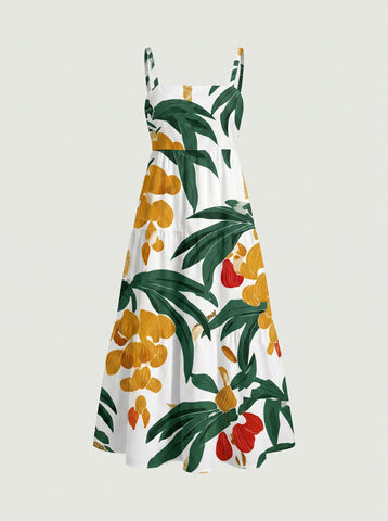FLORA Floral Print Tiered Strap Midi Dress