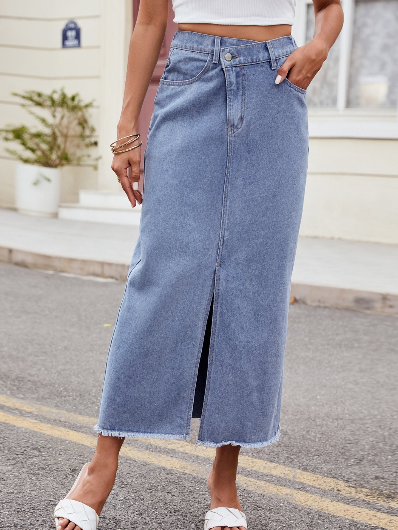 High Waisted Raw Hem Denim Skirt