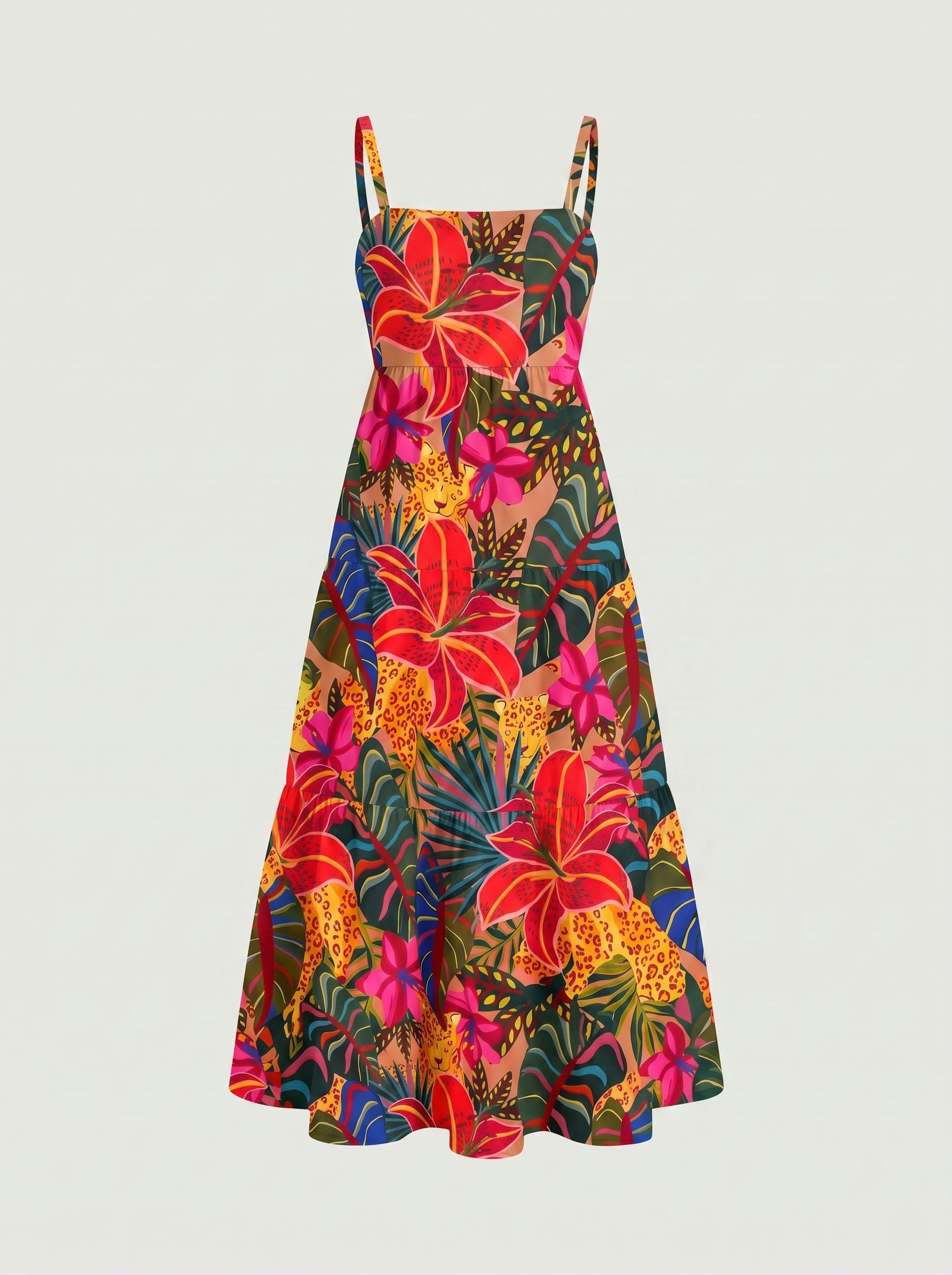 FLORA Floral Print Tiered Strap Midi Dress