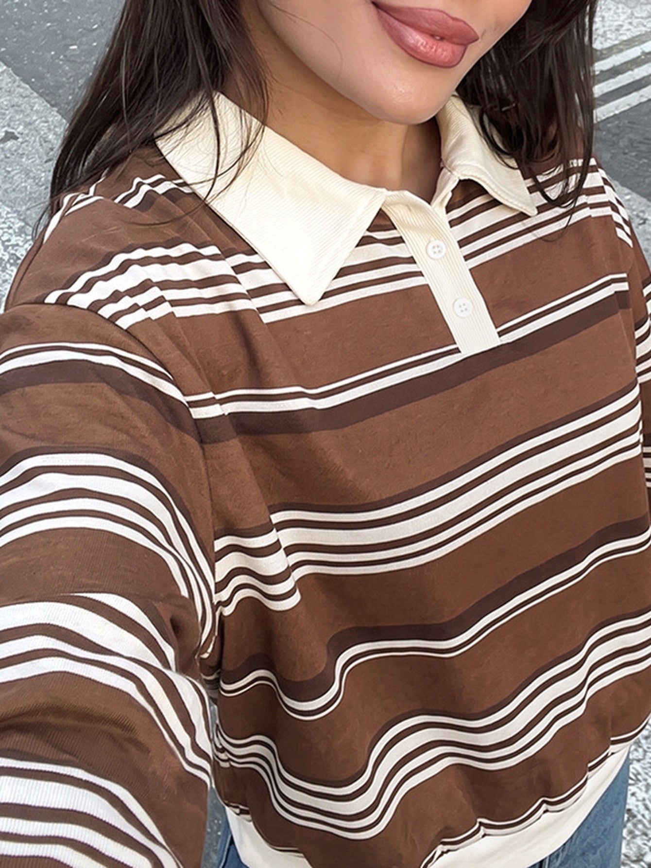 Striped Collared Button Up Sweatshirt