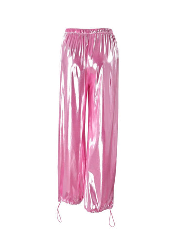 Metallic Satin Drawstring Wide Leg Pants