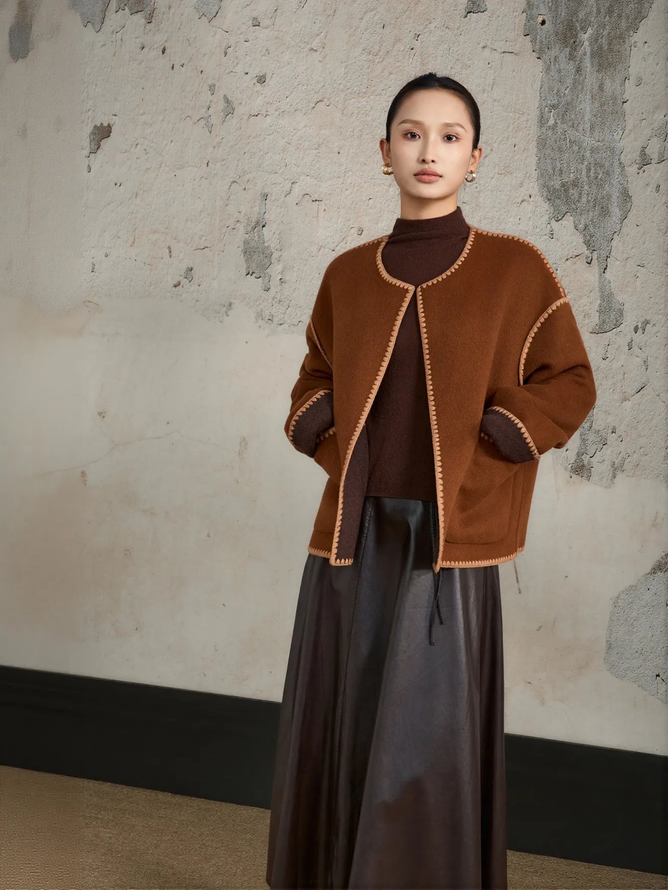 Contrast Trim Wool Blend Coat