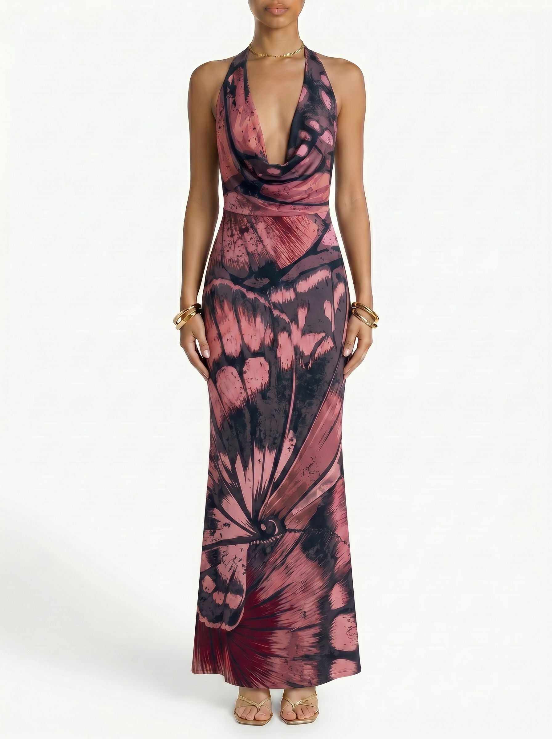 Floral Print Cowl Neck Bodycon Maxi Dress