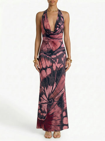 Floral Print Cowl Neck Bodycon Maxi Dress