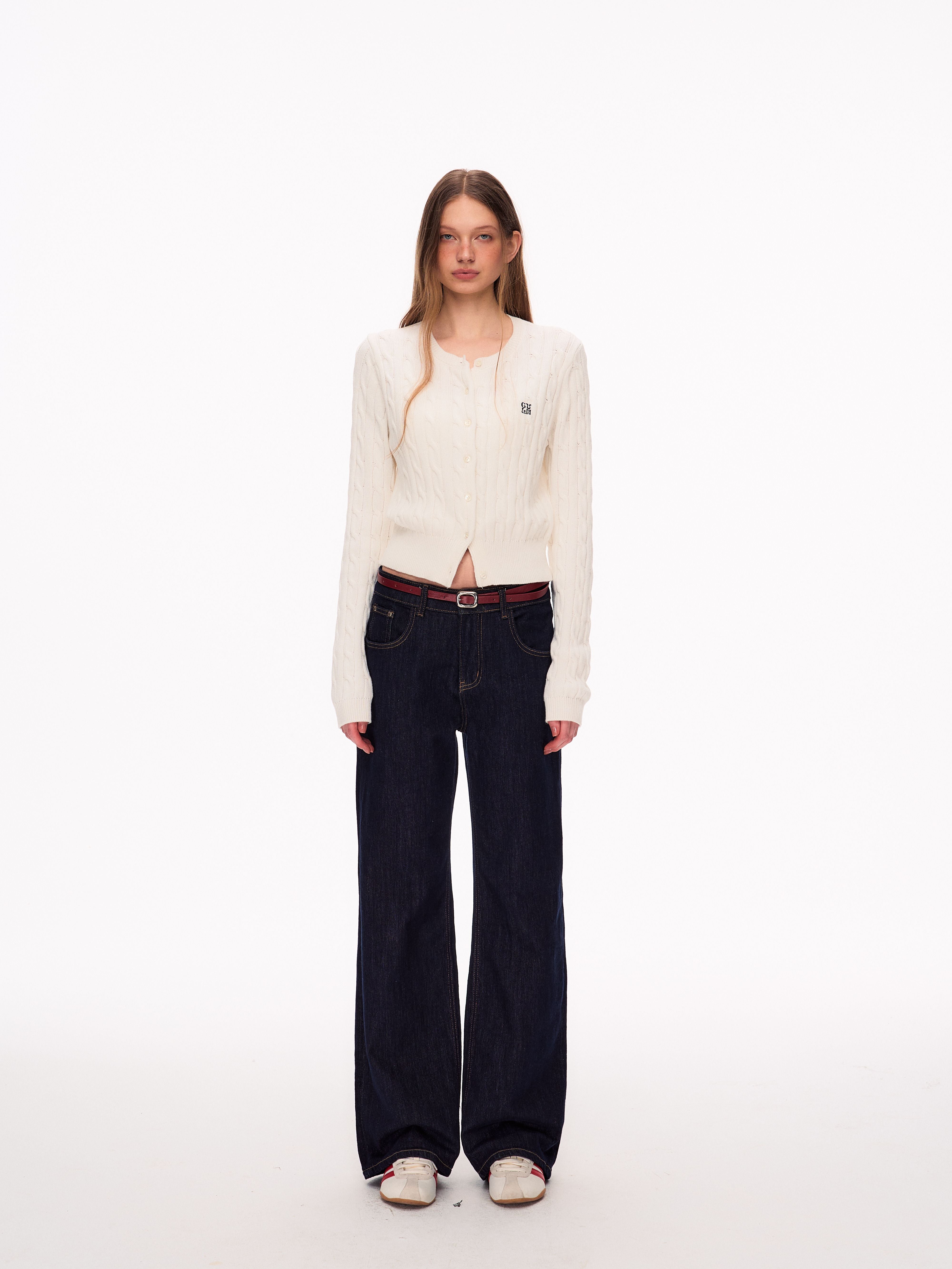 Cropped Embroidered Cable Knit Cardigan