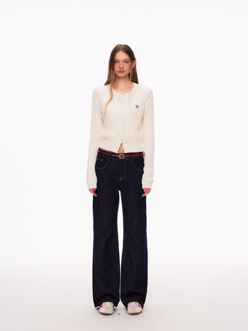 Cropped Embroidered Cable Knit Cardigan