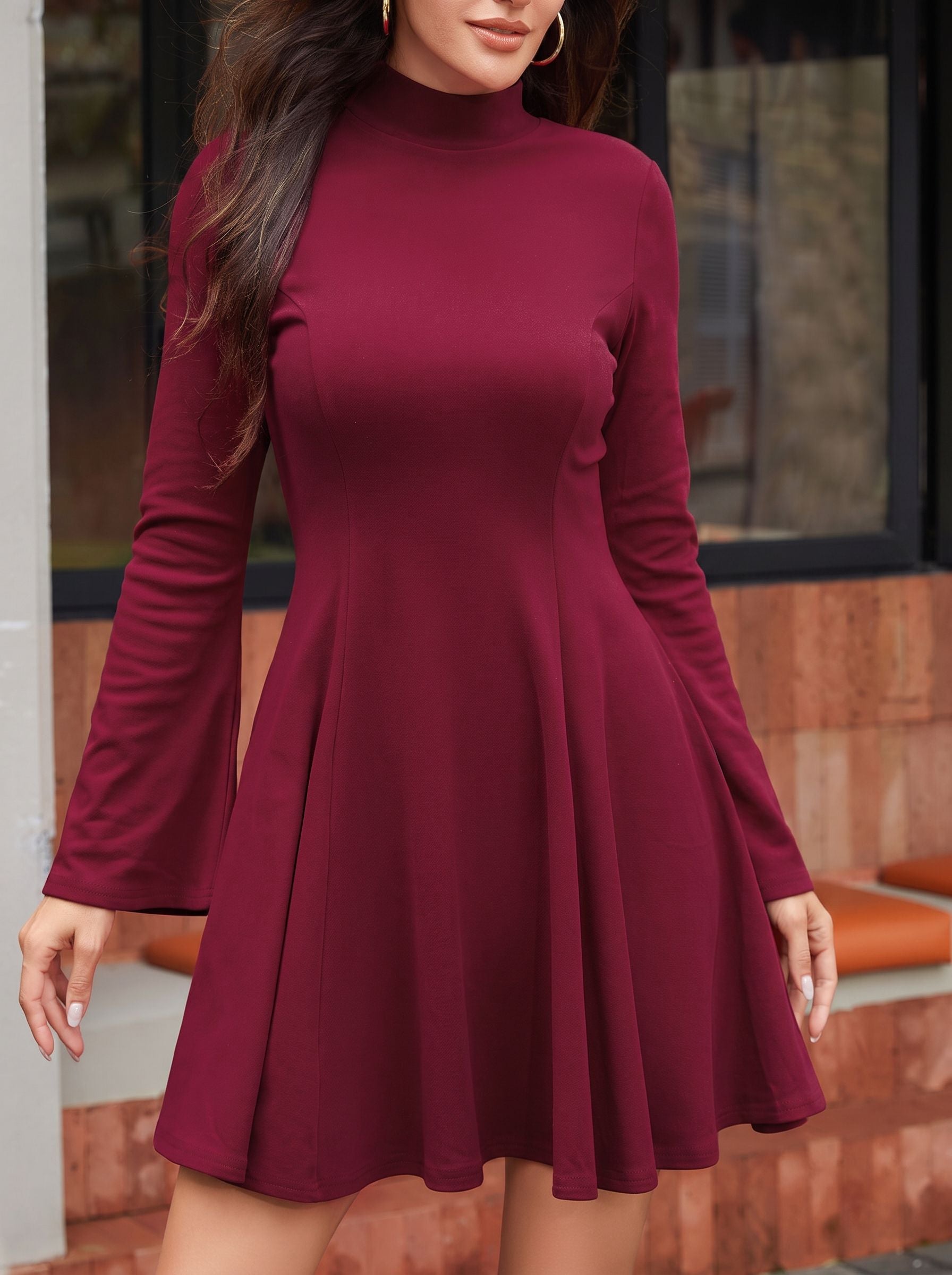 Mock Neck Flared Sleeve Dress