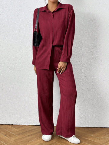 Loose-Fit Shirt Matching Wide-Leg Pants Casual Set