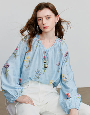 Light Floral Print Tie-Neck Blouse