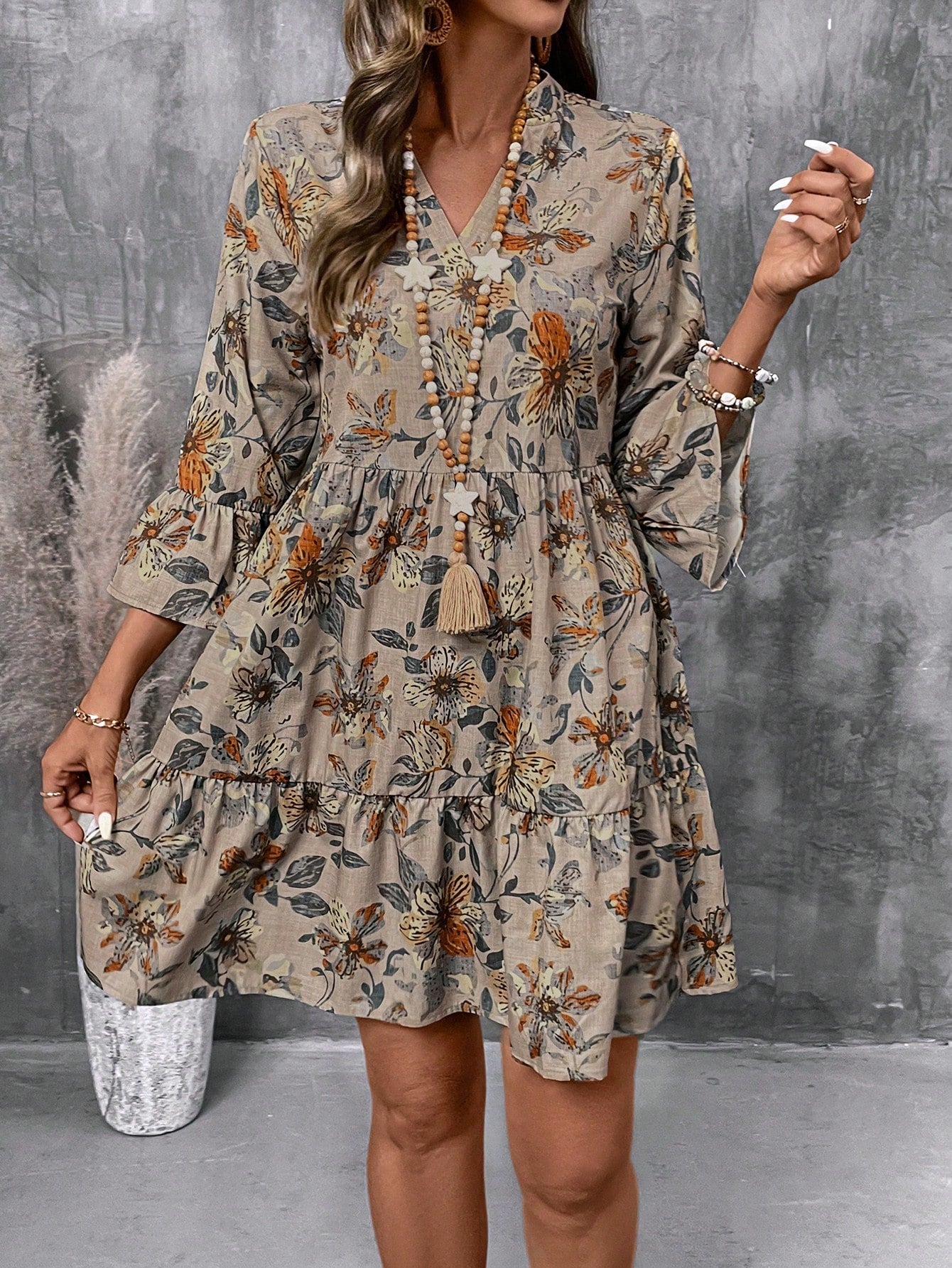 Floral Print V Neck Tiered Dress