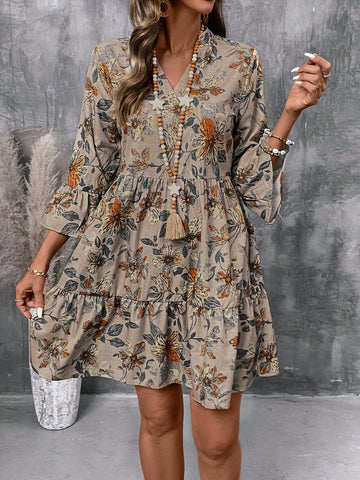 Floral Print V Neck Tiered Dress