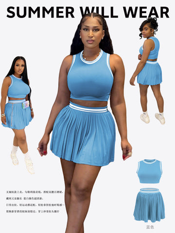 Athletic Ribbed Crop Pleated Skirt Set
