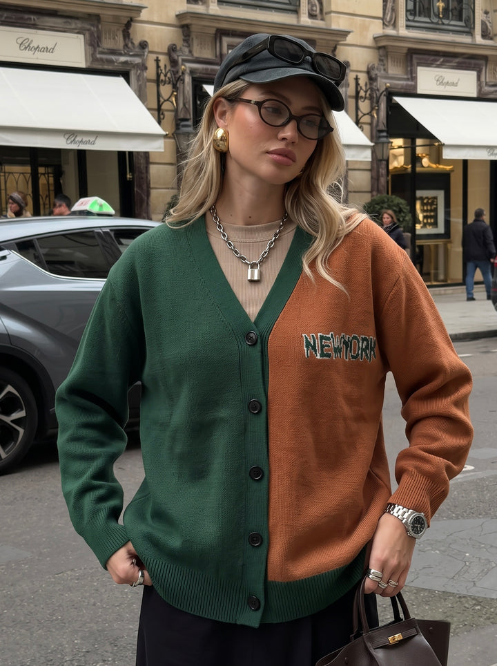Oversized Graphic Colorblock Knit Cardigan