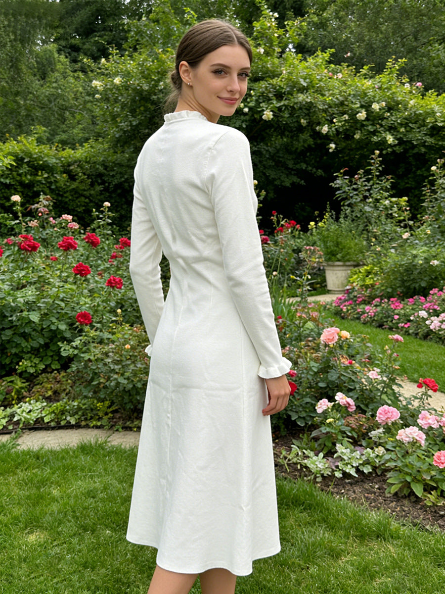 Long Sleeve Button-Front Elegant Midi Dress-Multicolor