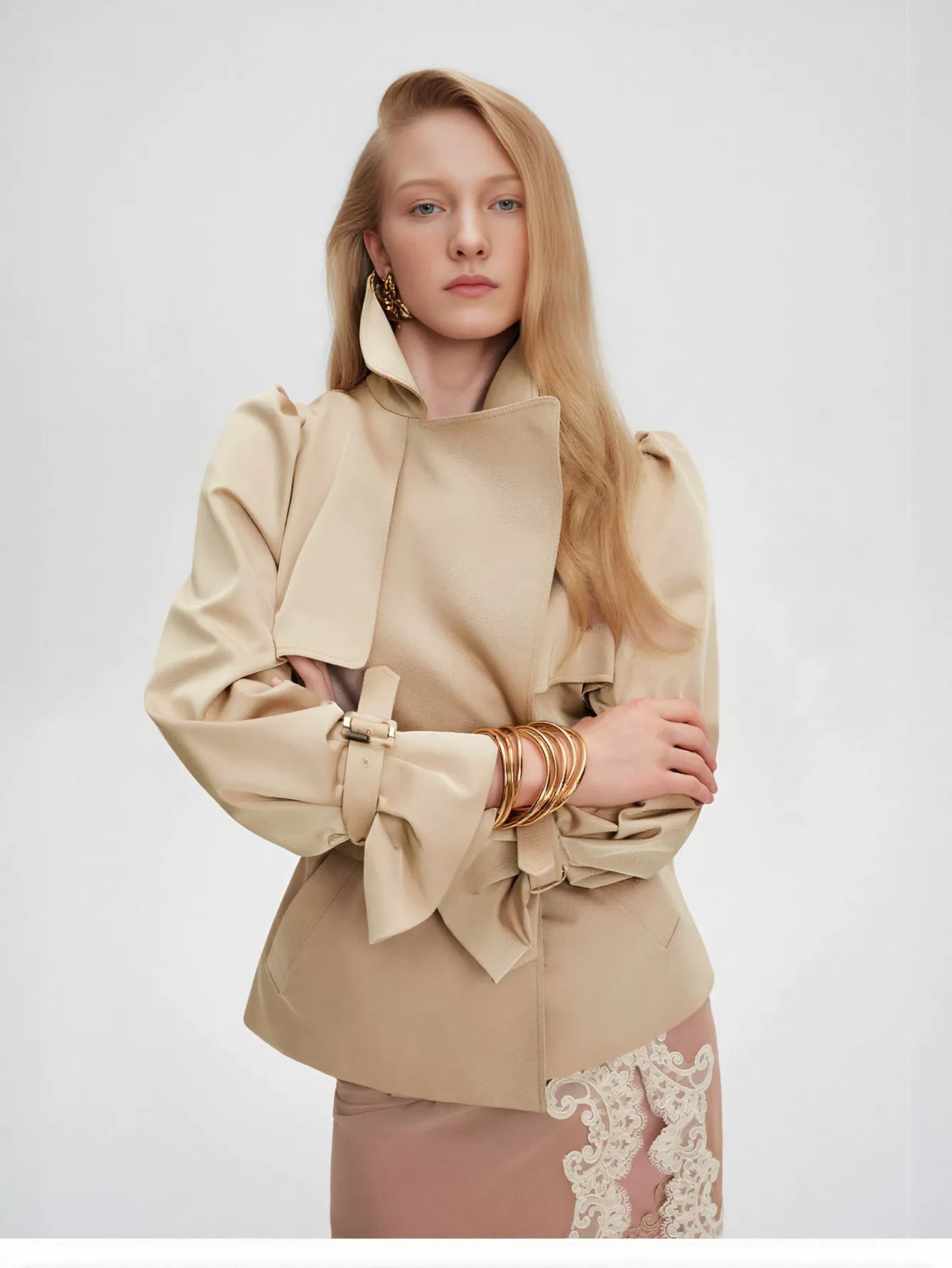 Puff Sleeve Belted Cropped Trench Coat