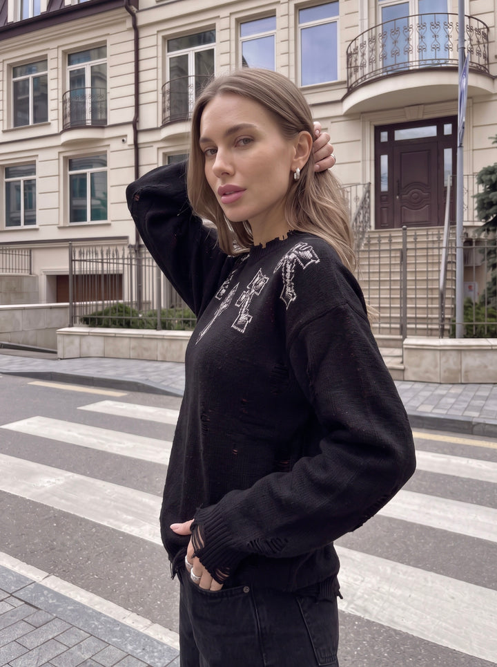 Gothic Cross Graphic Oversized Sweater